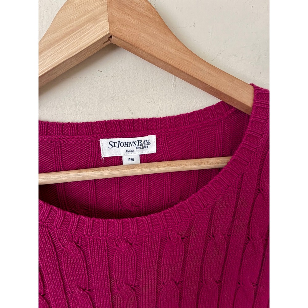 St Johns Bay Womens Petite Magenta Pink Cable Knit Cotton Sweater PM Long Sleeve - Picture 2 of 5